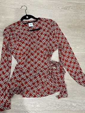 CAbi Red & White Logo-Print Wrap Blouse